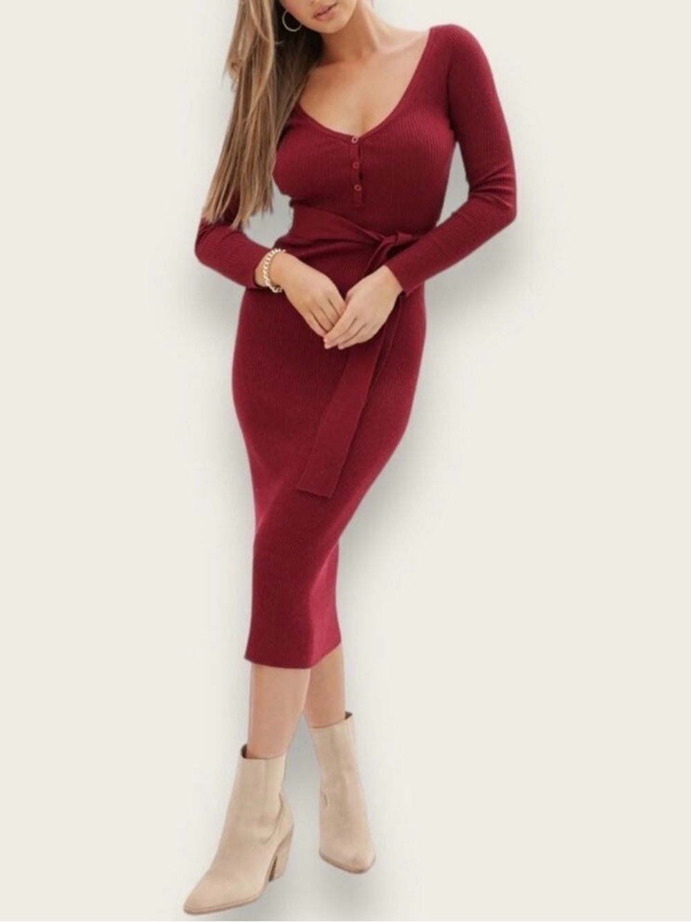 169~ NWT Bishop and Young Ribbed V-Neck Long Sleeve Midi Dress in Burgundy Small